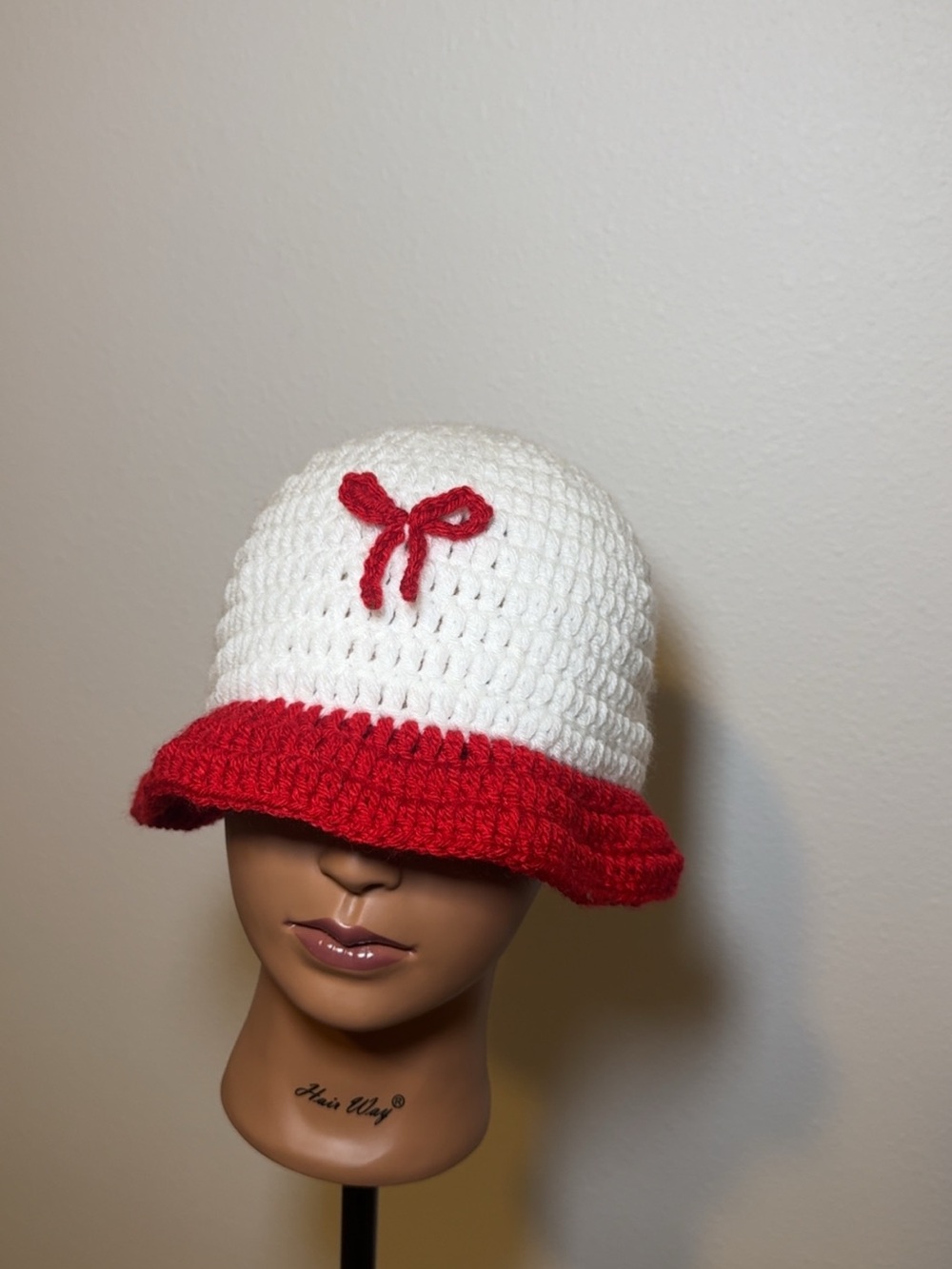 Kids Crochet White and Red Bucket Hat with Bow